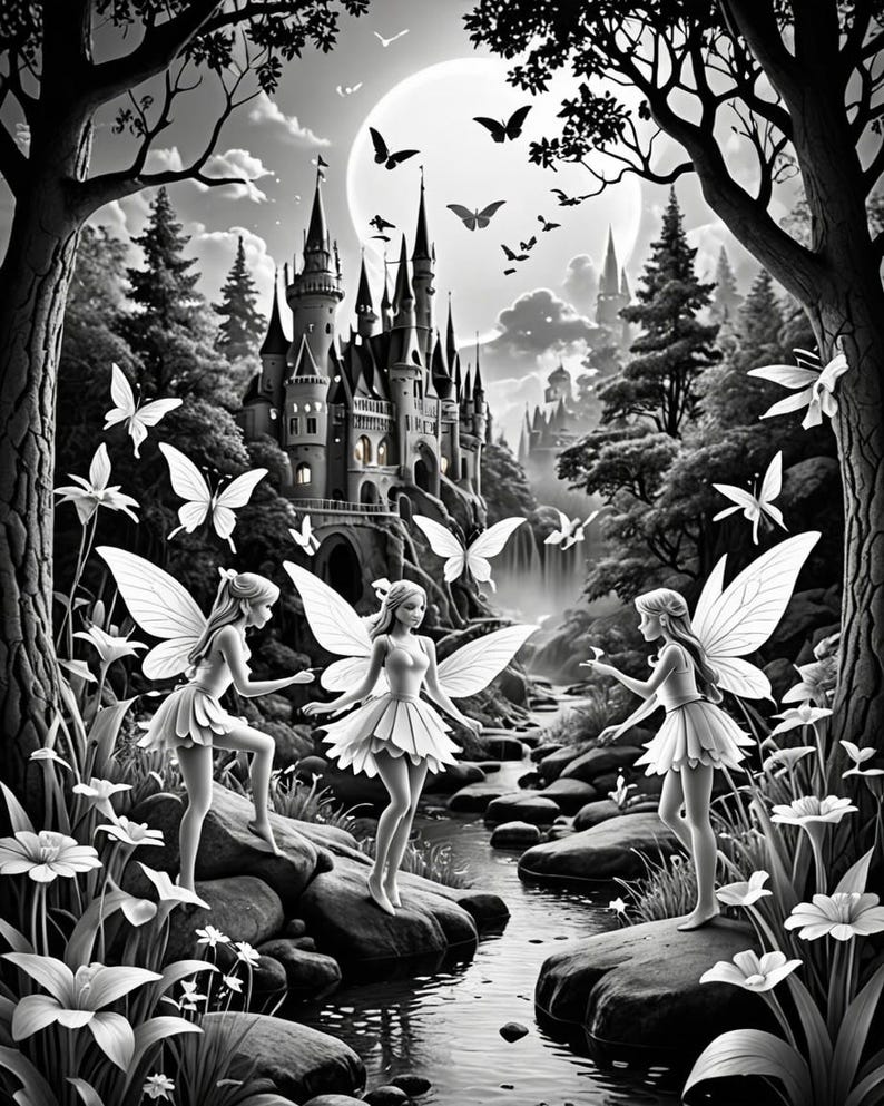 May include: Three fairies with wings fly through a black and white woodland scene. The fairies are wearing white dresses and have long hair. A large castle is in the background, and a full moon hangs in the sky.