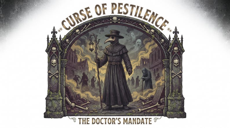 Pu&ograve; includere: Un'illustrazione grafica intitolata Curse of Pestilence The Doctor's Mandate che raffigura un medico della peste con un lungo cappotto scuro e una maschera da uccello che tiene una lanterna. La scena &egrave; incorniciata da pilastri in pietra con teschi.