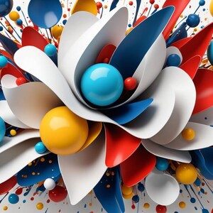 May include: Abstract art featuring a colorful explosion of red, white, blue, and yellow paint splatters. The center of the image features a white flower-like shape with blue and red petals.