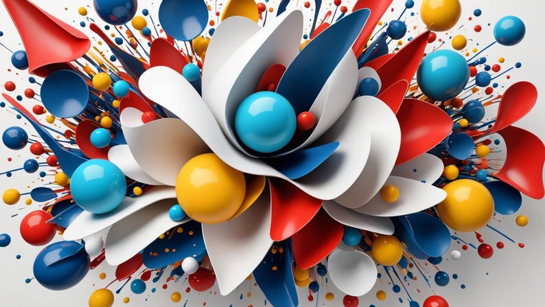 May include: Abstract art featuring a colorful explosion of red, white, blue, and yellow paint splatters. The center of the image features a white flower-like shape with blue and red petals.