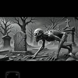 May include: A black and white digital illustration of a skeletal, hunched creature with glowing eyes and sharp teeth, positioned in a foggy graveyard filled with weathered tombstones, cracked stone markers, and bare, leafless trees under a dark sky.