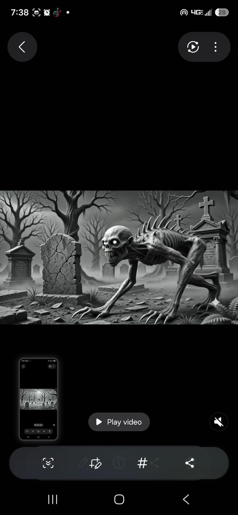 May include: A black and white digital illustration of a skeletal, hunched creature with glowing eyes and sharp teeth, positioned in a foggy graveyard filled with weathered tombstones, cracked stone markers, and bare, leafless trees under a dark sky.