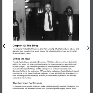 May include: A black and white photograph showing two men in suits, one being escorted. The image is from a book chapter titled "Chapter 10: The Sting". The text describes a sting operation and the arrest of Richard Kuklinski.