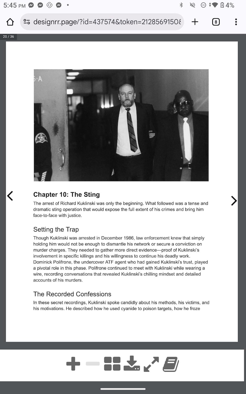 May include: A black and white photograph showing two men in suits, one being escorted. The image is from a book chapter titled "Chapter 10: The Sting". The text describes a sting operation and the arrest of Richard Kuklinski.
