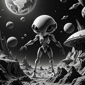 Pu&ograve; includere: Illustrazione in bianco e nero di un robot alieno in piedi su una superficie rocciosa. L'alieno ha una testa grande, grandi occhi e un corpo metallico. Pianeti, stelle e astronavi riempiono lo sfondo.