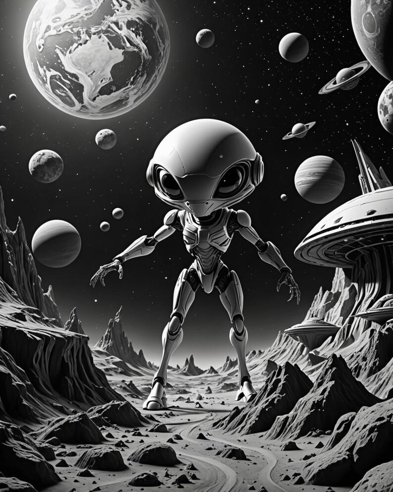 Pu&ograve; includere: Illustrazione in bianco e nero di un robot alieno in piedi su una superficie rocciosa. L'alieno ha una testa grande, grandi occhi e un corpo metallico. Pianeti, stelle e astronavi riempiono lo sfondo.