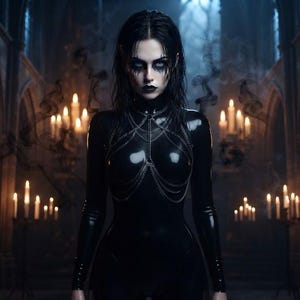 May include: A person with dark hair and makeup wearing a black long-sleeved latex bodysuit with a silver chain harness overlay. The outfit features a high neck and a glossy finish, set against a backdrop of multiple lit candles in a dark hall.