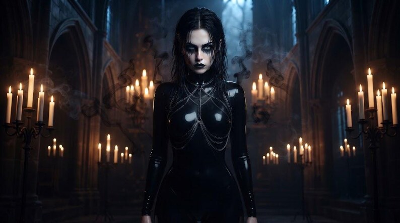 May include: A person with dark hair and makeup wearing a black long-sleeved latex bodysuit with a silver chain harness overlay. The outfit features a high neck and a glossy finish, set against a backdrop of multiple lit candles in a dark hall.