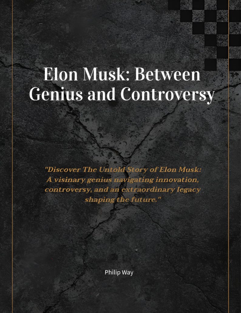 May include: A book cover with a cracked black background and white text that reads "Elon Musk: Between Genius and Controversy". The text "Discover The Untold Story of Elon Musk: A visionary genius navigating innovation, controversy, and an extraordinary legacy shaping the future." is in a smaller font and is also in white. The author's name, "Philip Way", is at the bottom of the cover in white text.