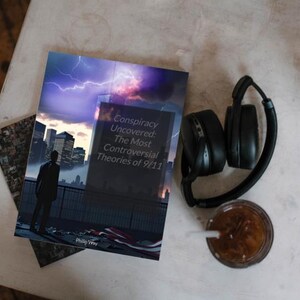 Peut inclure: Un livre intitul&eacute; "Conspiracy Uncovered: The Most Controversial Theories of 9/11" avec une ville et des &eacute;clairs sur la couverture. Un casque noir et un verre de caf&eacute; glac&eacute; avec une paille sont &eacute;galement pr&eacute;sents.