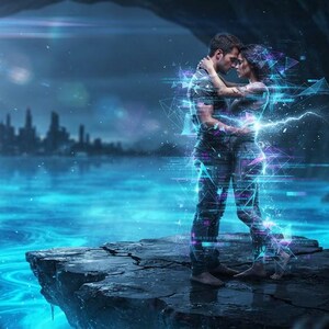 May include: A digital art illustration depicting two figures embracing on a dark rocky outcrop. The figures are surrounded by glowing blue and purple geometric light patterns and glitch effects, set against a backdrop of a glowing blue water body.