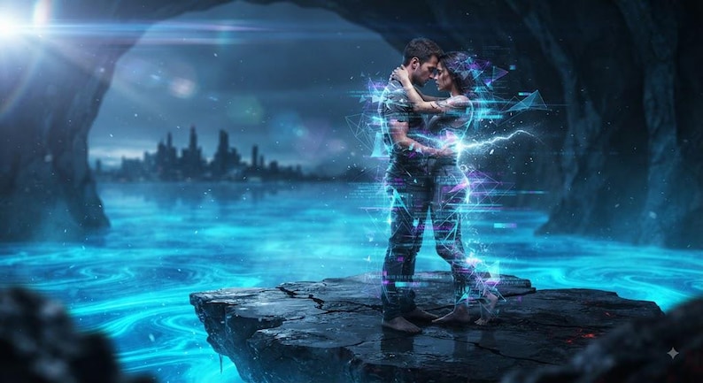 May include: A digital art illustration depicting two figures embracing on a dark rocky outcrop. The figures are surrounded by glowing blue and purple geometric light patterns and glitch effects, set against a backdrop of a glowing blue water body.