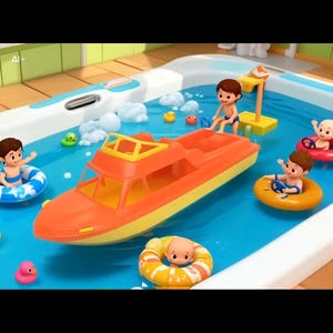 Może przedstawiać: Żywa ilustracja sceny basenowej z pomarańczowo-żółtą zabawką w kształcie łodzi, otoczoną postaciami z kreskówek w strojach kąpielowych i nadmuchiwanych kołach. Basen ma niebieską wodę, a także zabawki w kształcie kaczek i inne pływające zabawki.