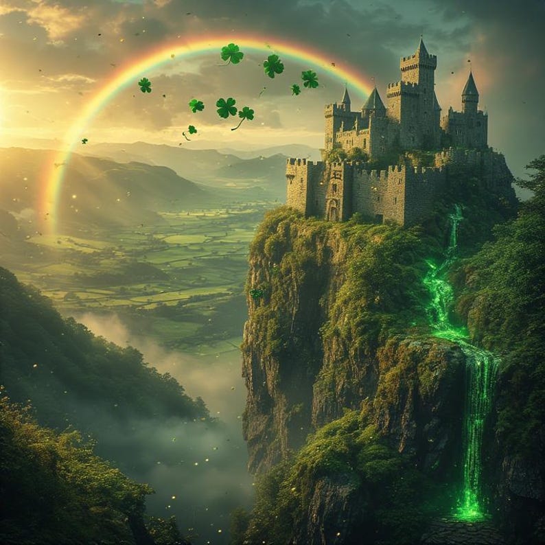 Puede incluir: Un castillo de piedra en lo alto de un acantilado, con un arco&iacute;ris y tr&eacute;boles flotantes. Una cascada verde brillante cae por el acantilado. El paisaje muestra colinas verdes y un cielo nublado, evocando magia y fantas&iacute;a.