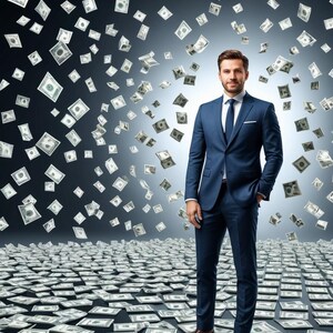 May include: A man in a blue suit stands in a room with a floor covered in dollar bills. Dollar bills are falling from the ceiling around him.