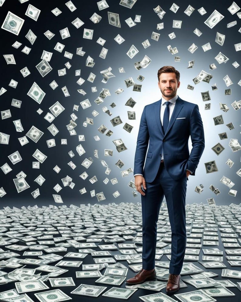 May include: A man in a blue suit stands in a room with a floor covered in dollar bills. Dollar bills are falling from the ceiling around him.