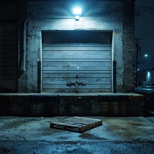 May include: A wooden shipping pallet sits on a concrete loading dock in front of a closed metal roll-up door. A bright blue security light is mounted above the door, illuminating the exterior of the industrial building at night.