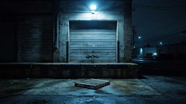May include: A wooden shipping pallet sits on a concrete loading dock in front of a closed metal roll-up door. A bright blue security light is mounted above the door, illuminating the exterior of the industrial building at night.