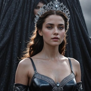 May include: A woman with long dark hair wears a silver crown and a black leather bodice with silver accents. She stands in front of a dark, textured background.