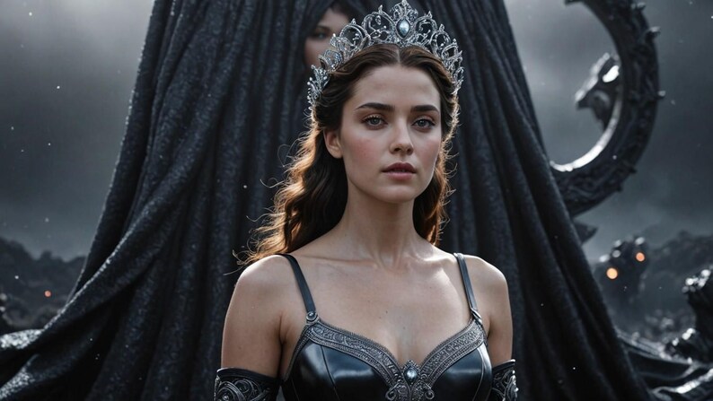 May include: A woman with long dark hair wears a silver crown and a black leather bodice with silver accents. She stands in front of a dark, textured background.