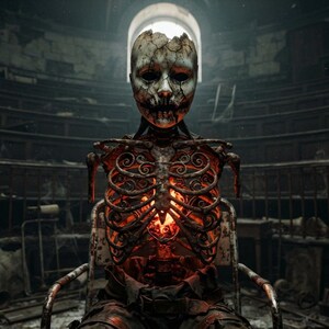 May include: A skeletal figure with a cracked, weathered mask and a hollow chest cavity containing a glowing orange light. The ribcage features intricate, dark, swirling metal-like patterns, and the figure sits in a dark, abandoned room.