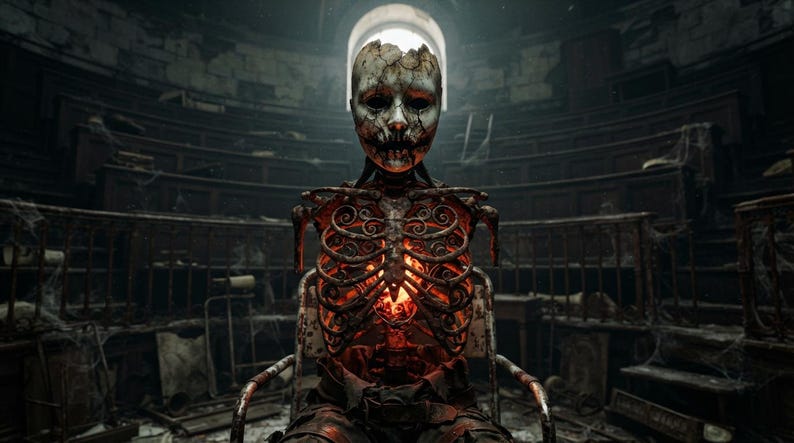 May include: A skeletal figure with a cracked, weathered mask and a hollow chest cavity containing a glowing orange light. The ribcage features intricate, dark, swirling metal-like patterns, and the figure sits in a dark, abandoned room.