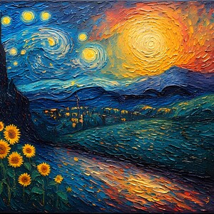 Op de afbeelding: Impasto olieverfschilderij dat een sterrennacht weergeeft met een heldere gele zon en een wervelende blauwe lucht. Een veld met zonnebloemen en een donkere boom staan op de voorgrond. Het kunstwerk doet denken aan de stijl van Van Gogh.