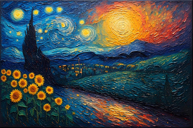Op de afbeelding: Impasto olieverfschilderij dat een sterrennacht weergeeft met een heldere gele zon en een wervelende blauwe lucht. Een veld met zonnebloemen en een donkere boom staan op de voorgrond. Het kunstwerk doet denken aan de stijl van Van Gogh.