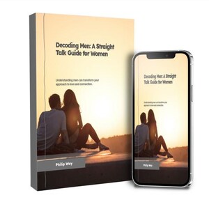 May include: A book and a smartphone display the cover of "Decoding Men: A Straight Talk Guide for Women." The cover features a silhouette of a couple at sunset. The book and phone share the same title and author, Philip Way.