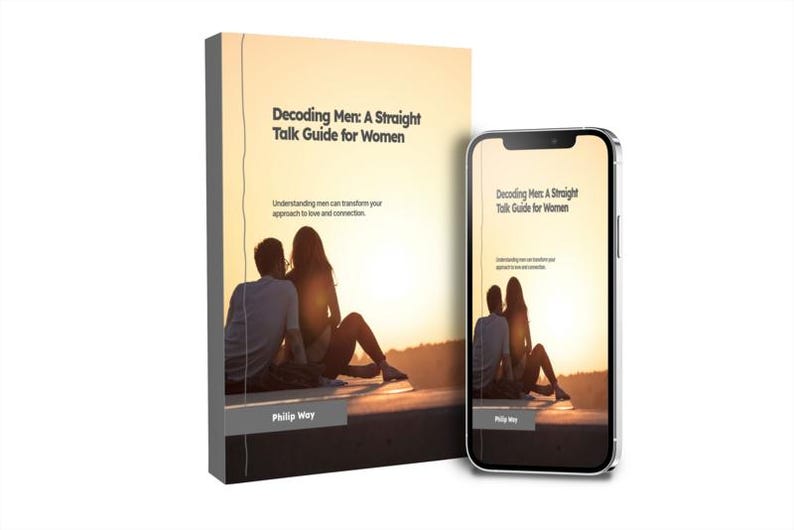 May include: A book and a smartphone display the cover of "Decoding Men: A Straight Talk Guide for Women." The cover features a silhouette of a couple at sunset. The book and phone share the same title and author, Philip Way.