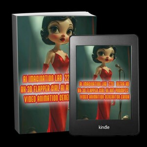 Op de afbeelding: Een boek en een Kindle e-reader tonen dezelfde afbeelding van een cartoon flapper girl in een rode jurk. De boekomslag en het scherm van de e-reader bevatten beide de tekst: "AI IMAGINATION LAB 22" en "8H 3D FLAPPER GIRL AI AI VIDEO ANIMATION GENERATOR EBOOK."