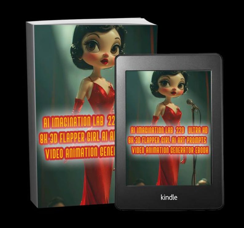 Op de afbeelding: Een boek en een Kindle e-reader tonen dezelfde afbeelding van een cartoon flapper girl in een rode jurk. De boekomslag en het scherm van de e-reader bevatten beide de tekst: "AI IMAGINATION LAB 22" en "8H 3D FLAPPER GIRL AI AI VIDEO ANIMATION GENERATOR EBOOK."