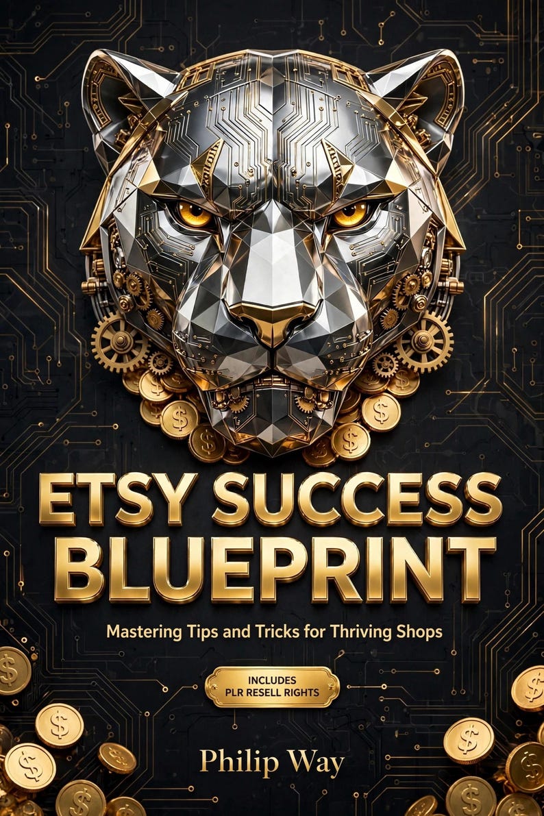 May include: A book cover titled Etsy Success Blueprint Mastering Tips and Tricks for Thriving Shops by Philip Way. It features a metallic, geometric panther head with glowing yellow eyes, surrounded by gold coins and circuit board patterns.