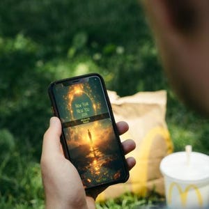 Może przedstawiać: Osoba trzyma czarny smartfon z napisem "New Year New You 2023 Whole-life Reset" na złotym krajobrazie. Kubek i torba McDonald's są w tle, na tle zielonej trawy.