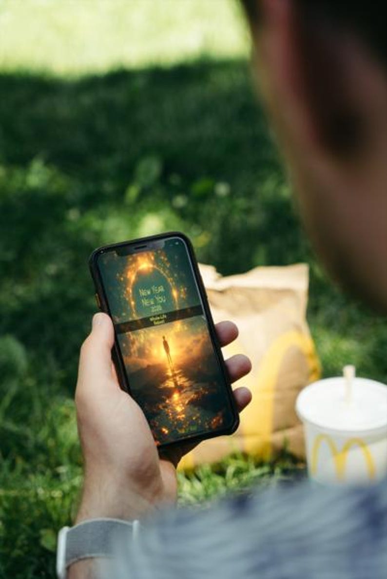 Może przedstawiać: Osoba trzyma czarny smartfon z napisem "New Year New You 2023 Whole-life Reset" na złotym krajobrazie. Kubek i torba McDonald's są w tle, na tle zielonej trawy.