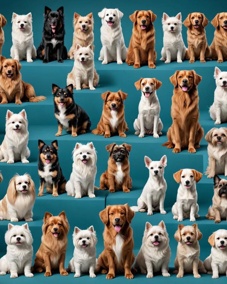 May include: A group of dogs of various breeds and colors are sitting on a teal blue background. The dogs are all looking at the camera.