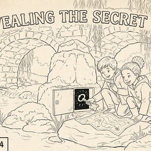 Puede incluir: Una p&aacute;gina para colorear en blanco y negro titulada REVEALING THE SECRET KEY! que muestra a dos ni&ntilde;os y un perro descubriendo una llave dentro de una estructura de piedra cerca de un puente. Incluye un mapa, sauces y el texto COLORING PAGE 4.