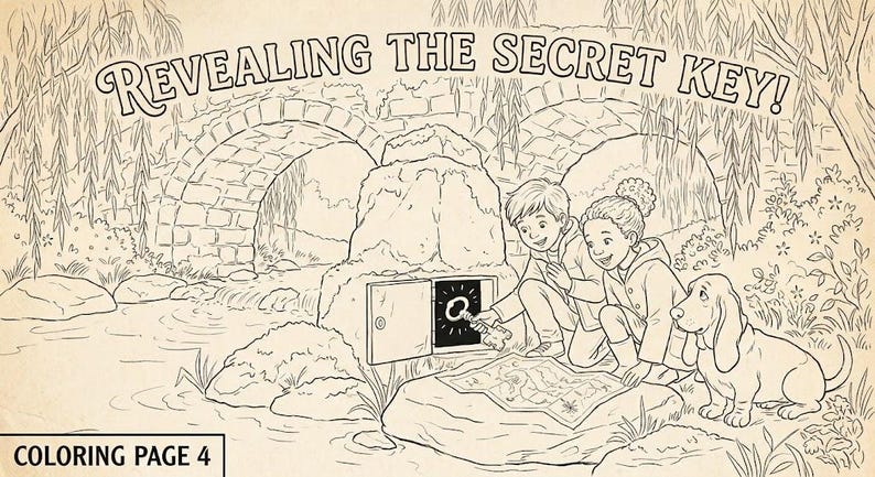 Puede incluir: Una p&aacute;gina para colorear en blanco y negro titulada REVEALING THE SECRET KEY! que muestra a dos ni&ntilde;os y un perro descubriendo una llave dentro de una estructura de piedra cerca de un puente. Incluye un mapa, sauces y el texto COLORING PAGE 4.