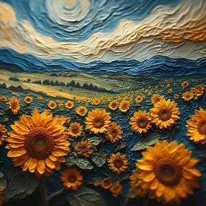 Op de afbeelding: Een geschilderd veld met zonnebloemen onder een wervelende lucht. De zonnebloemen, met hun heldergele bloemblaadjes en donkere centra, staan centraal, tegen een achtergrond van blauwe en groene velden en bergen.