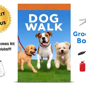May include: An image promoting a dog walking business kit. It shows three dogs on a green lawn with the words "DOG WALK". Additional text includes "PLR KIT + BONUS" and "Grooming Bonus". There is also text that says "Complete Business Kit with Templates!!!".