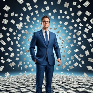 May include: A man in a blue suit stands in front of a blue background with dollar bills falling around him. He is looking up and smiling. The floor is covered in dollar bills.