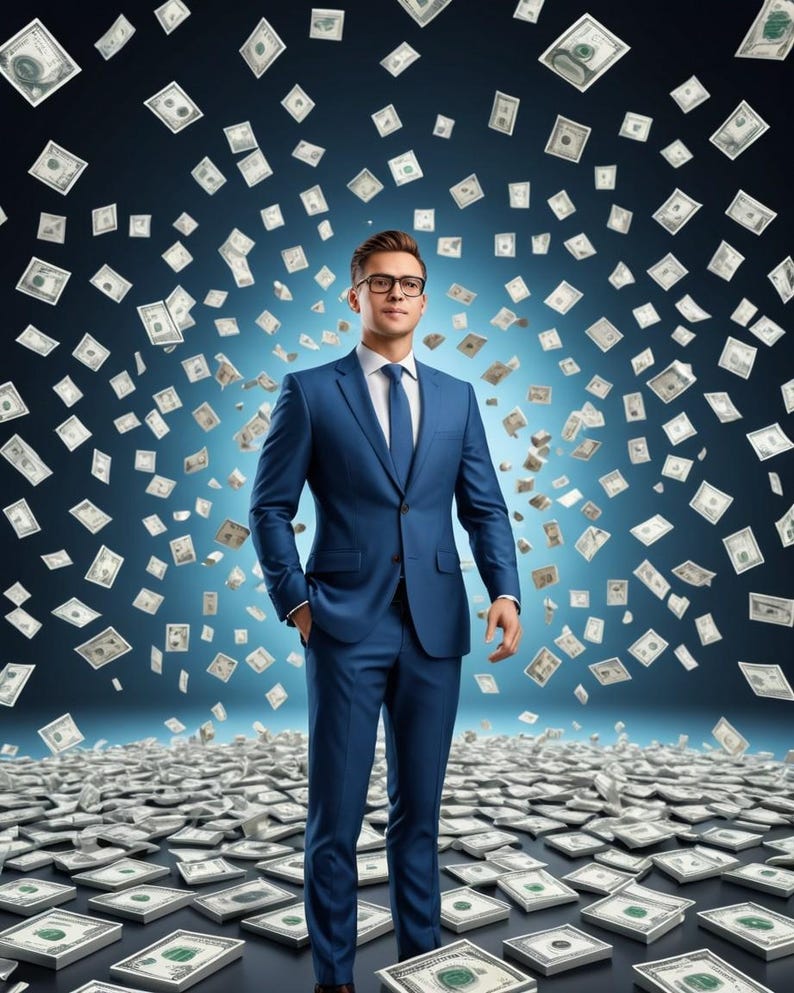 May include: A man in a blue suit stands in front of a blue background with dollar bills falling around him. He is looking up and smiling. The floor is covered in dollar bills.