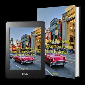 Puede incluir: Un libro y un lector de libros electr&oacute;nicos Kindle que muestran la portada de "Hollywood Uncovered: Bizarre Facts and Hidden Histories". El libro y el lector de libros electr&oacute;nicos muestran un coche rojo cl&aacute;sico frente a un edificio de Hollywood.