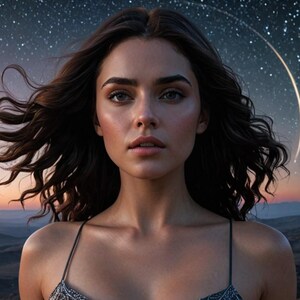 May include: A woman with long, dark brown, wavy hair stands in front of a starry night sky. The sky is filled with stars and a crescent moon. The woman is wearing a black tank top and has a serious expression on her face.