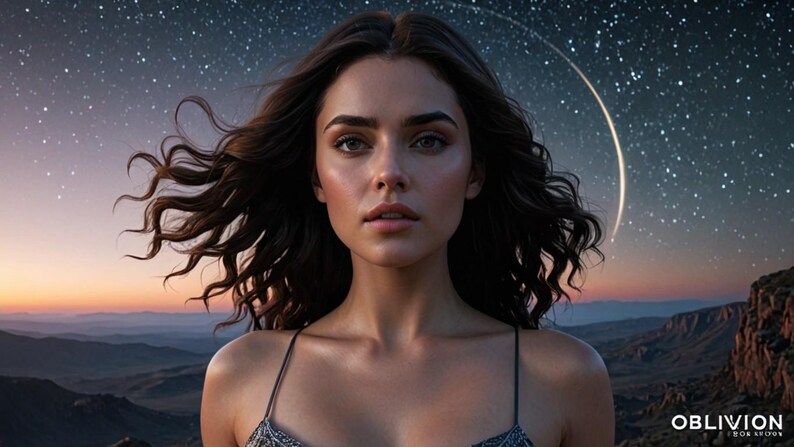 May include: A woman with long, dark brown, wavy hair stands in front of a starry night sky. The sky is filled with stars and a crescent moon. The woman is wearing a black tank top and has a serious expression on her face.
