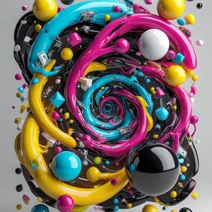Pu&ograve; includere: Opera d'arte astratta 3D con forme lucide e vorticose in colori vivaci. Il design include forme curve gialle, blu e rosa, insieme a sfere e forme geometriche, il tutto su uno sfondo grigio.