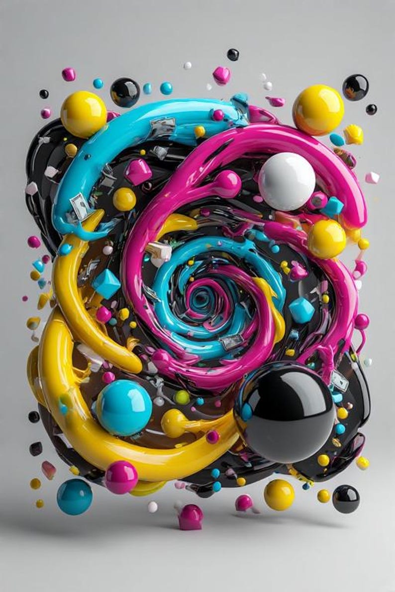 Pu&ograve; includere: Opera d'arte astratta 3D con forme lucide e vorticose in colori vivaci. Il design include forme curve gialle, blu e rosa, insieme a sfere e forme geometriche, il tutto su uno sfondo grigio.