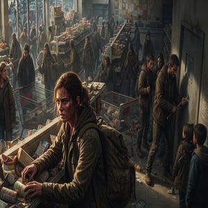 May include: A scene inside a dimly lit, cluttered grocery store with broken windows. People in muted, earth-toned clothing browse shelves filled with canned goods. A person with a backpack stands in the foreground, while others use shopping carts.