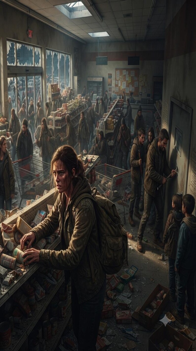 May include: A scene inside a dimly lit, cluttered grocery store with broken windows. People in muted, earth-toned clothing browse shelves filled with canned goods. A person with a backpack stands in the foreground, while others use shopping carts.