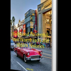 Puede incluir: Un libro titulado "Hollywood Uncovered: 1001 Bizarre Facts and Hidden Histories" con una foto de un descapotable rojo en una calle de Hollywood. La portada del libro presenta el t&iacute;tulo y el nombre del autor, Philip Way, sobre un fondo de edificios.